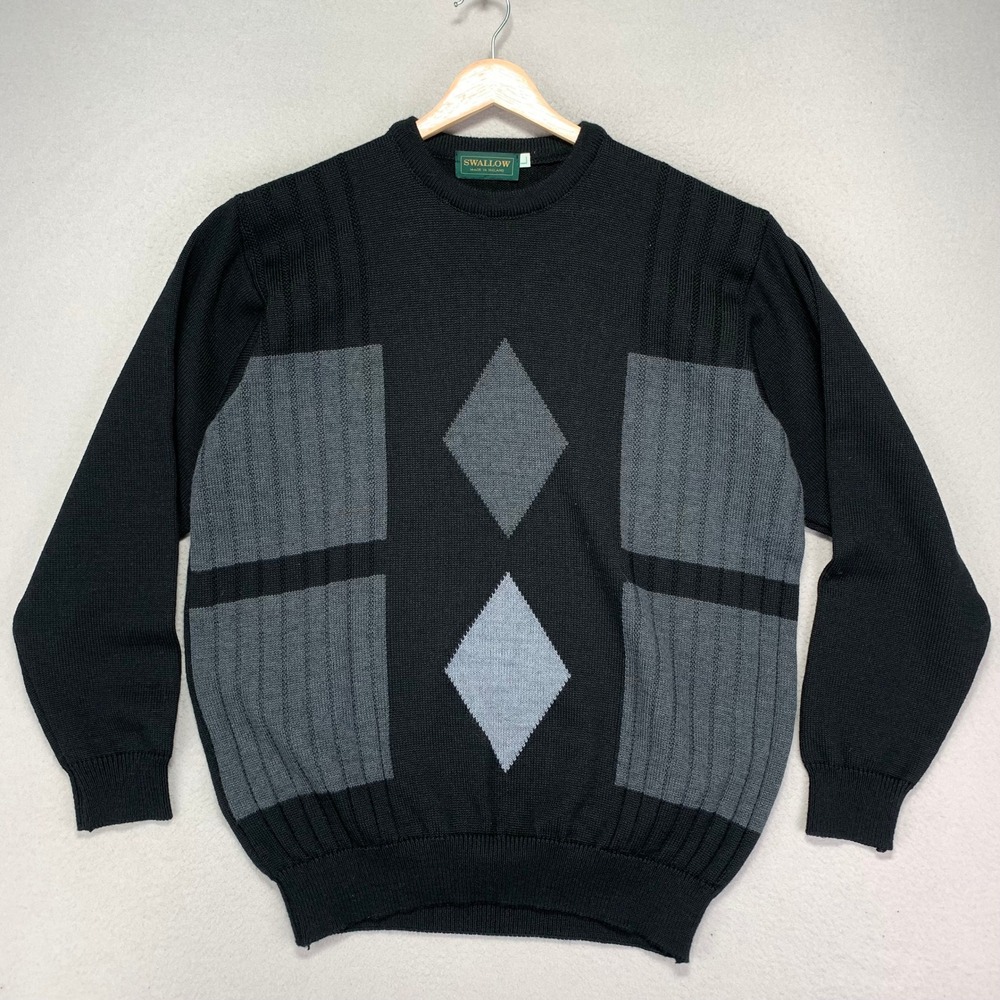 Vintage Swallow Knit Sweater Mens‎ Large Black Wool Blend Geometric Crew Ireland